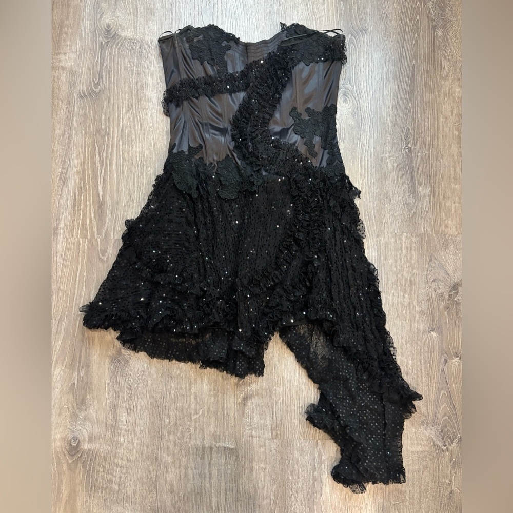 Juan Carlos Pinera Vintage Couture Black Silk Corset Strapless Asymmetric Dress